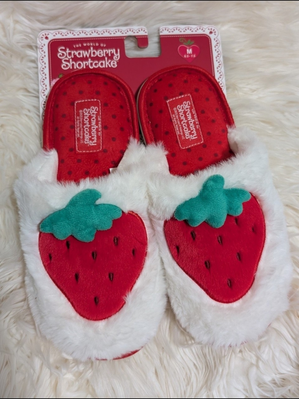 Strawberry Shortcake Women’s Red & White Plush Strawberry Slippers Sz 6.5-7.5